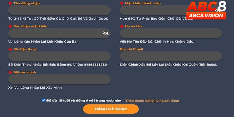 Form theo hướng dẫn đăng ký ABC8